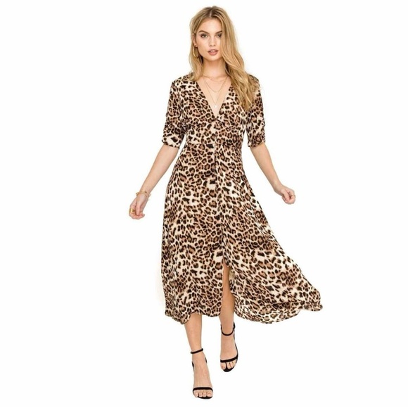 ASTR The Label Leopard Print Half Sleeve Deep V-Neck Button Down Dress Size XL - Picture 1 of 10